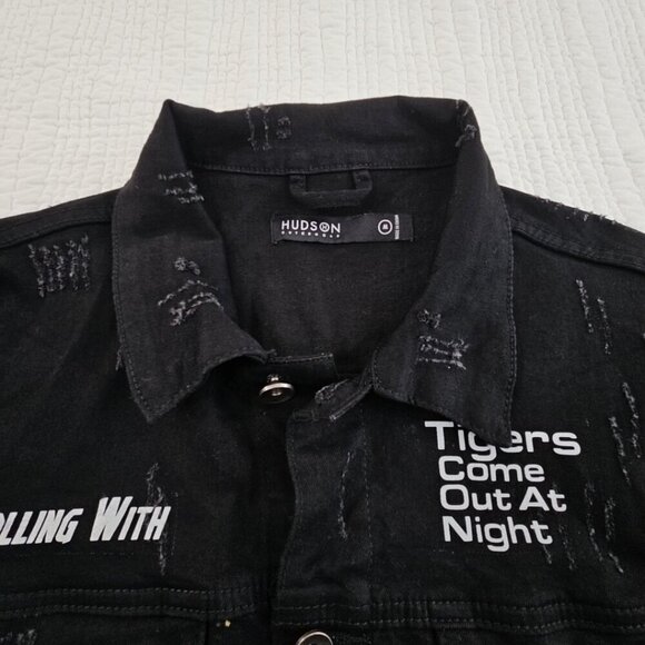 Hudson Outerwear Stretch Denim Jacket Men's Medium Black Long Sleeve Logos EUC - Picture 6 of 16